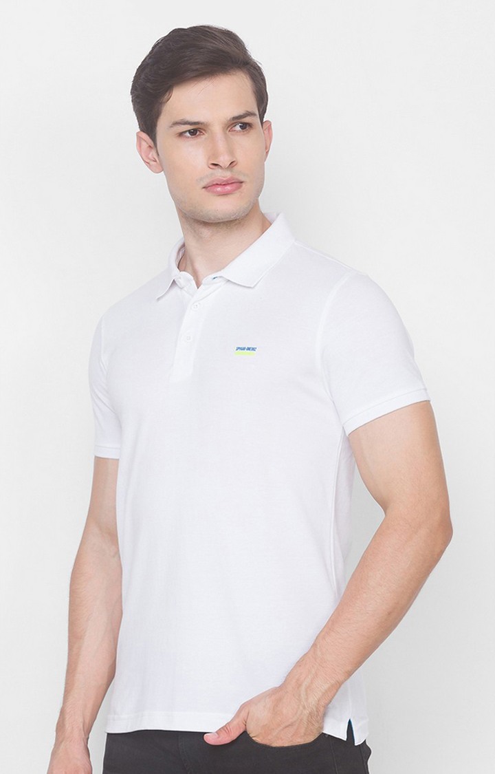 Spykar White Cotton Slim Fit Polo T-Shirt For Men
