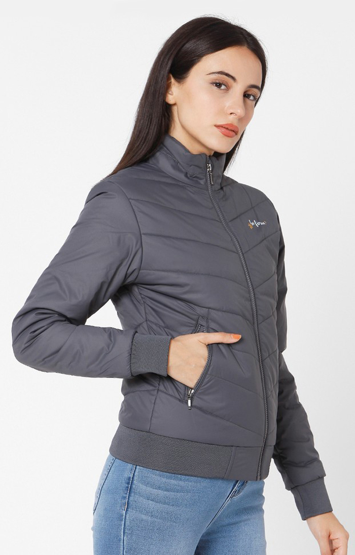 Spykar Grey Polyester Regular Fit Bomber Jackets For Women