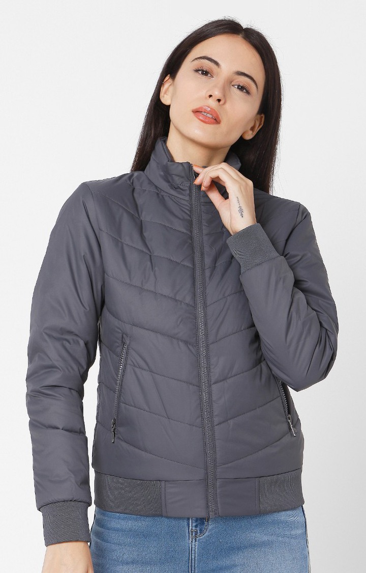 Spykar Grey Polyester Regular Fit Bomber Jackets For Women