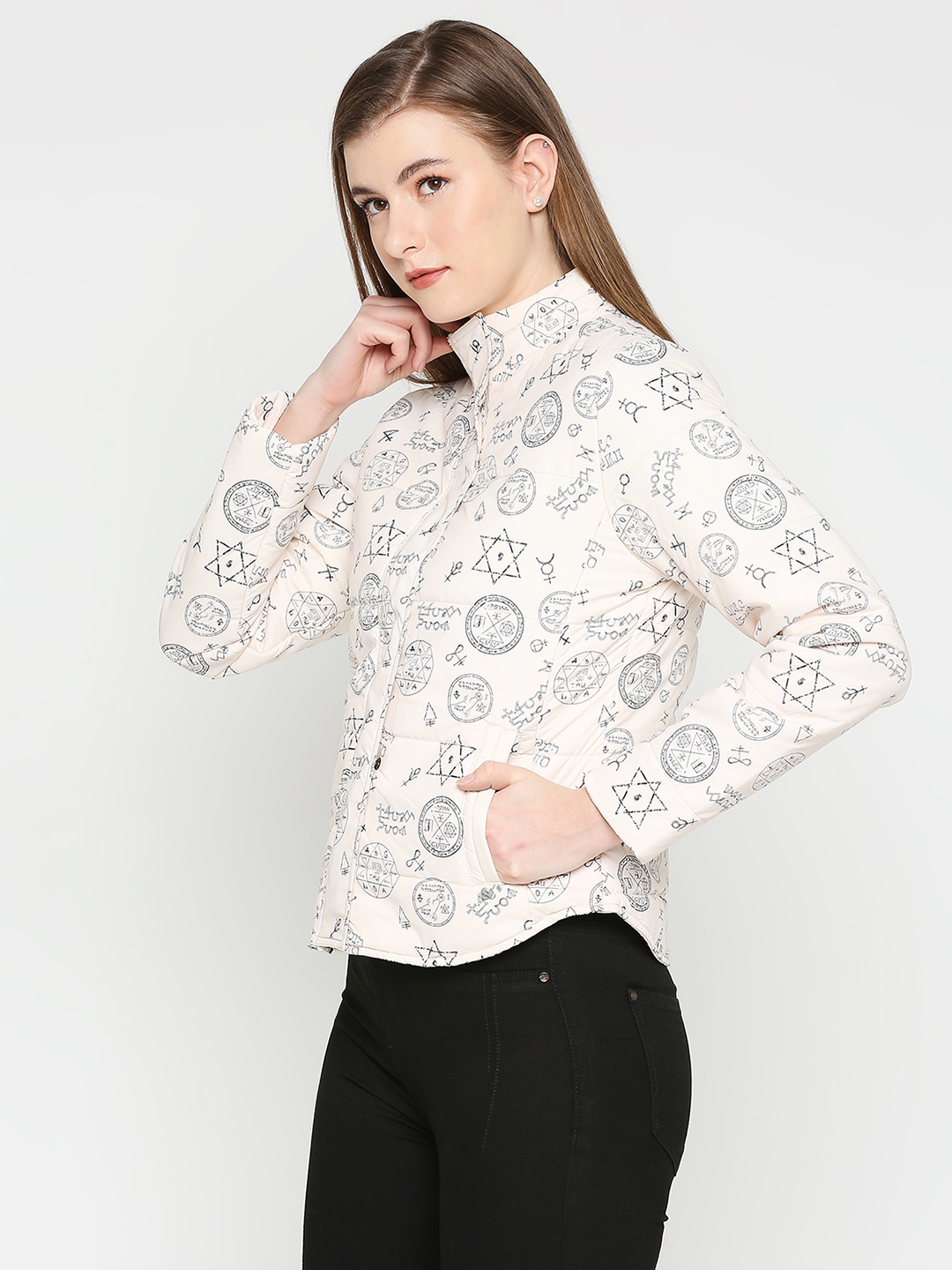 spykar | Spykar Women Ecru Nylon High Neck Printed Casual Jacket 1
