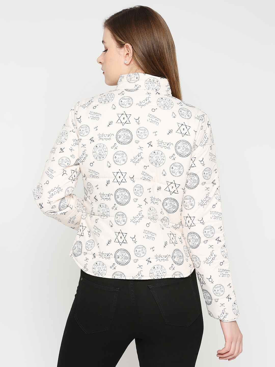 spykar | Spykar Women Ecru Nylon High Neck Printed Casual Jacket 3