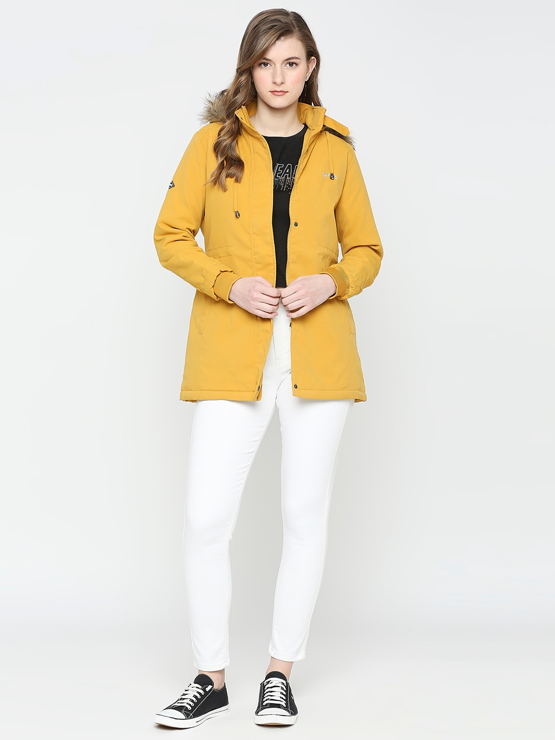 Spykar | Spykar Women Mustard Nylon Slim Fit Hooded Jacket 5