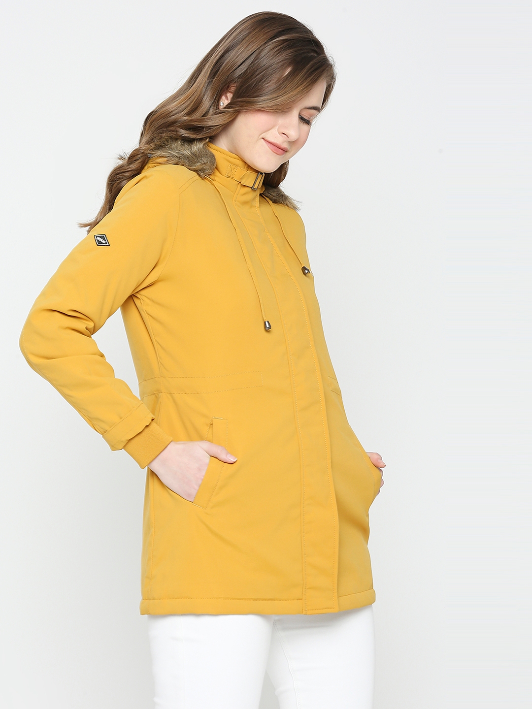Spykar | Spykar Women Mustard Nylon Slim Fit Hooded Jacket 2