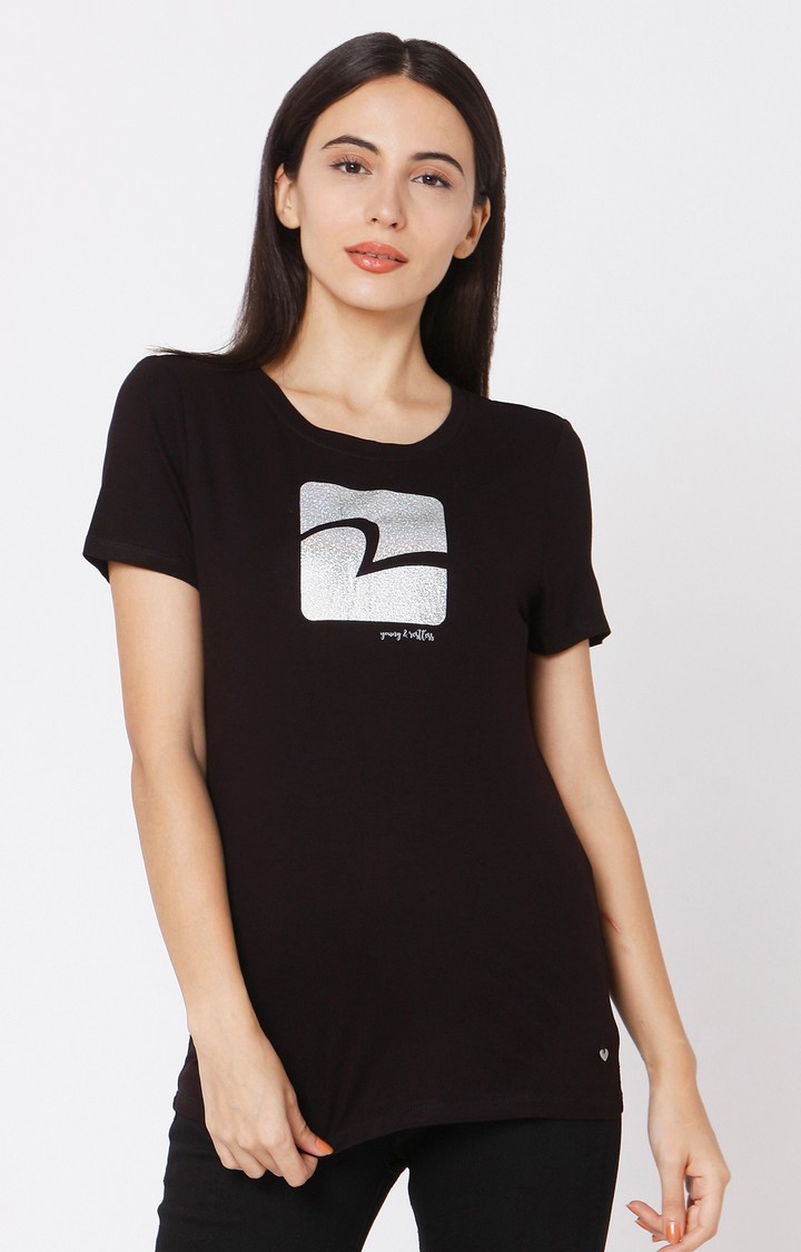 spykar | Spykar Black Cotton Slim Fit T-Shirt For Women 0