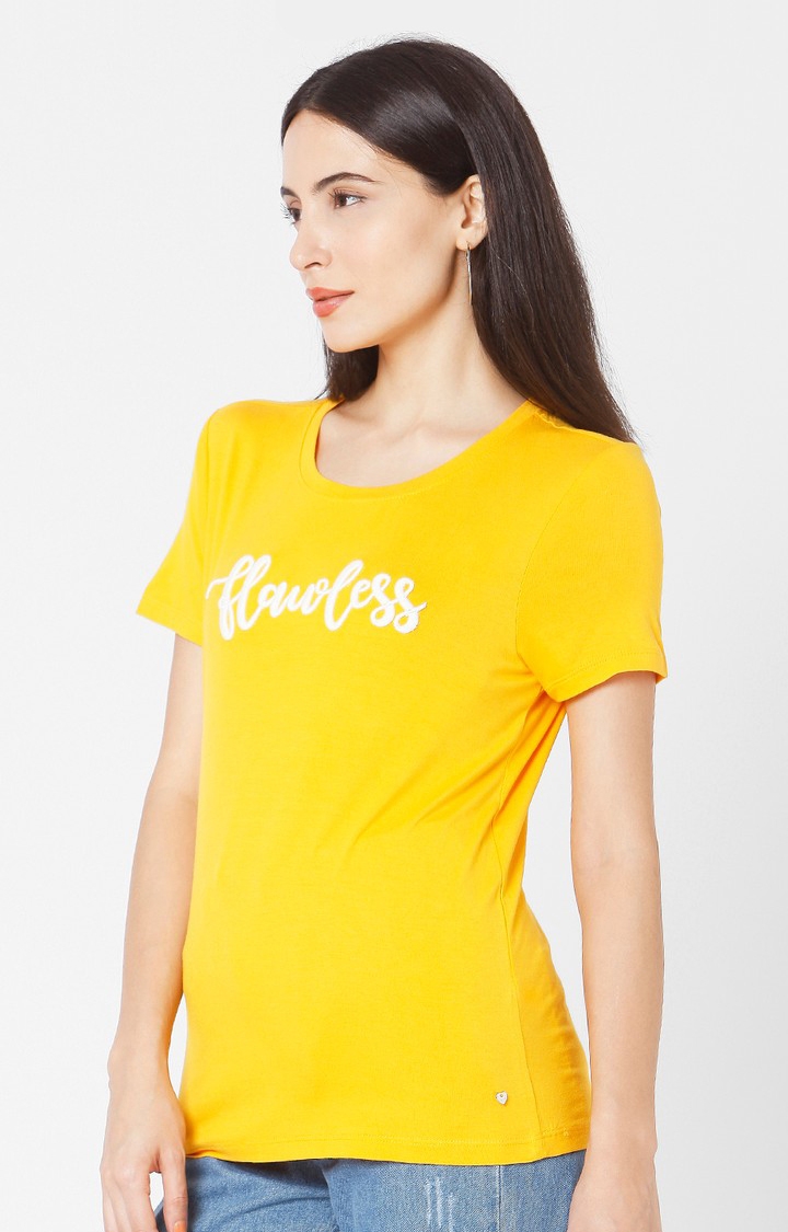 spykar | Spykar Yellow Cotton Slim Fit T-Shirt For Women 2