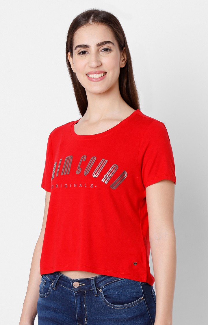 spykar | Spykar Red Cotton Slim Fit T-Shirt For Women 2