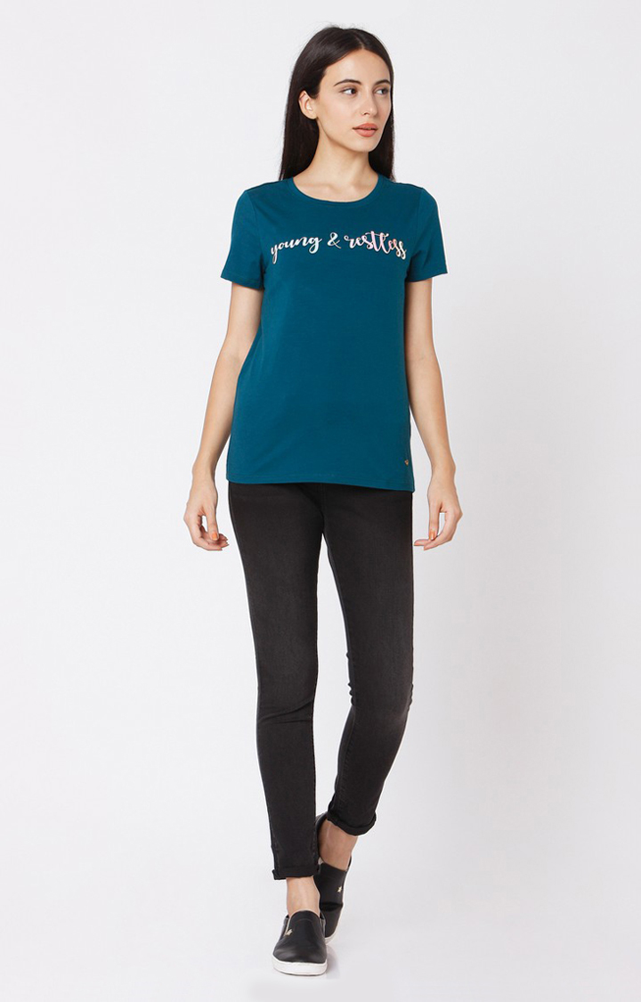 Spykar Blue Cotton Slim Fit T-Shirt For Women