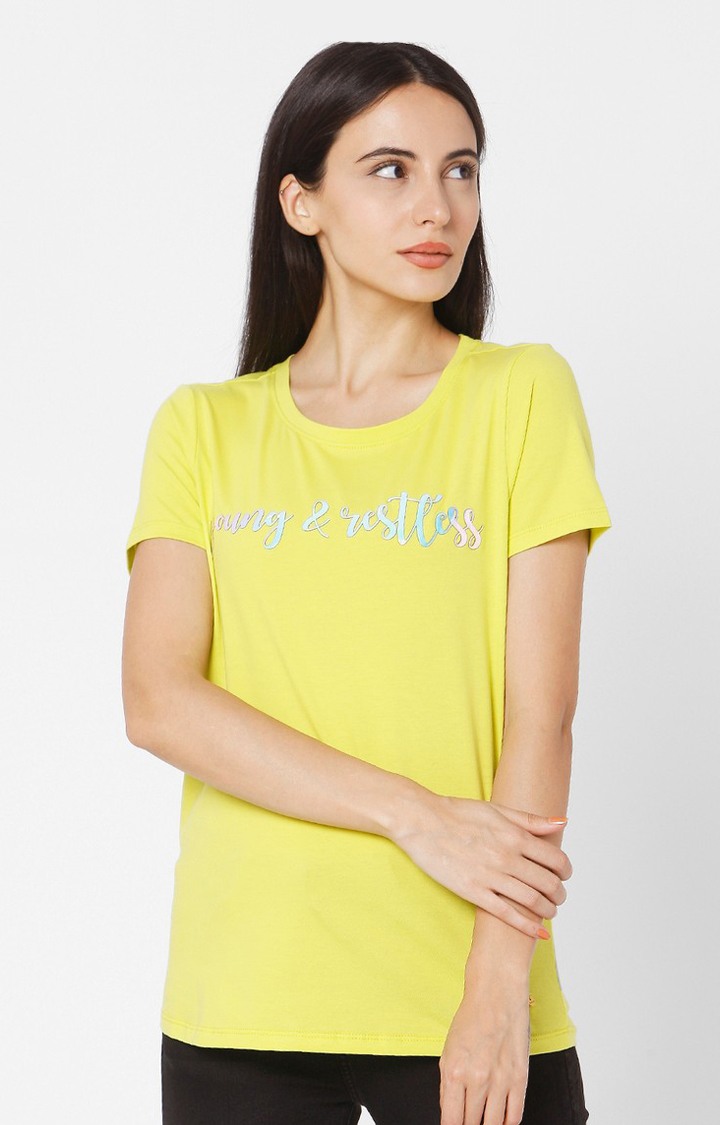Spykar Yellow Cotton Slim Fit T-Shirt For Women