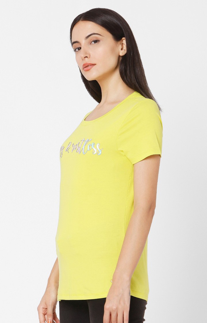 Spykar Yellow Cotton Slim Fit T-Shirt For Women