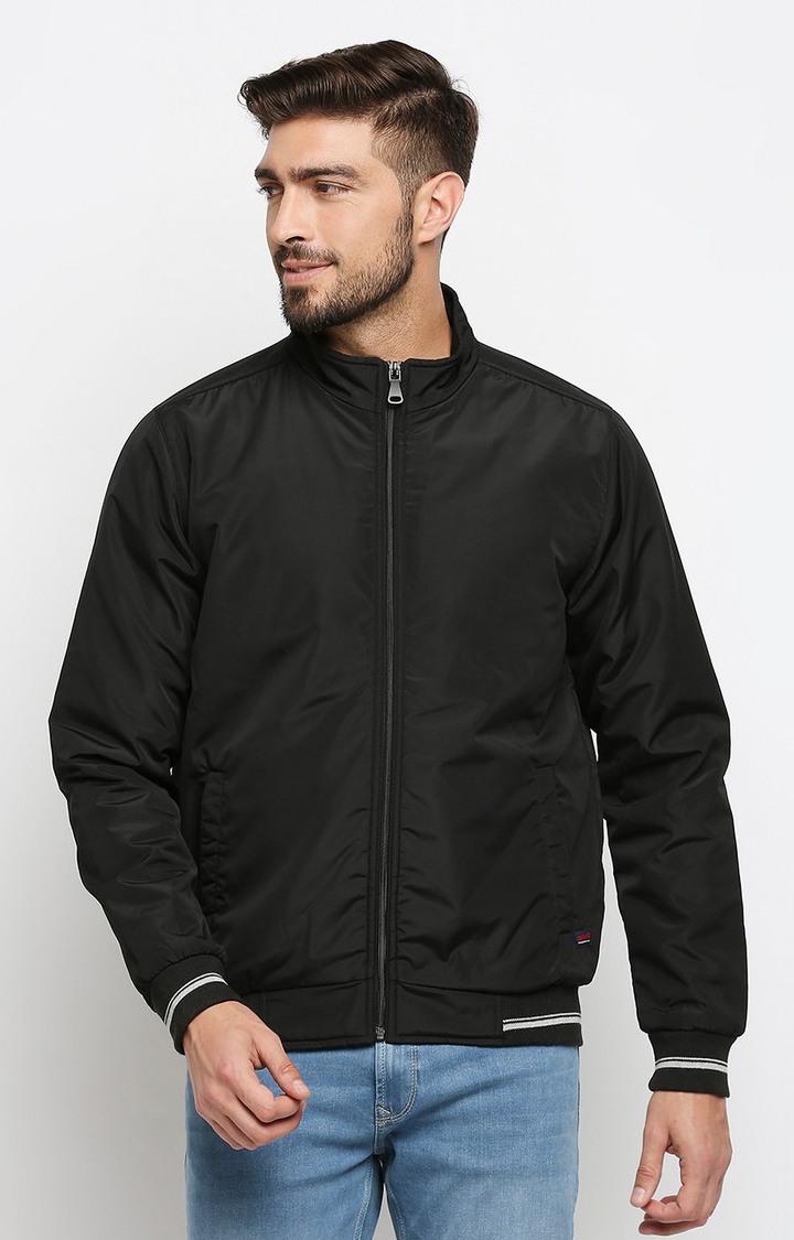 Spykar Black Polyester Regular Fit Bomber Jackets For Men