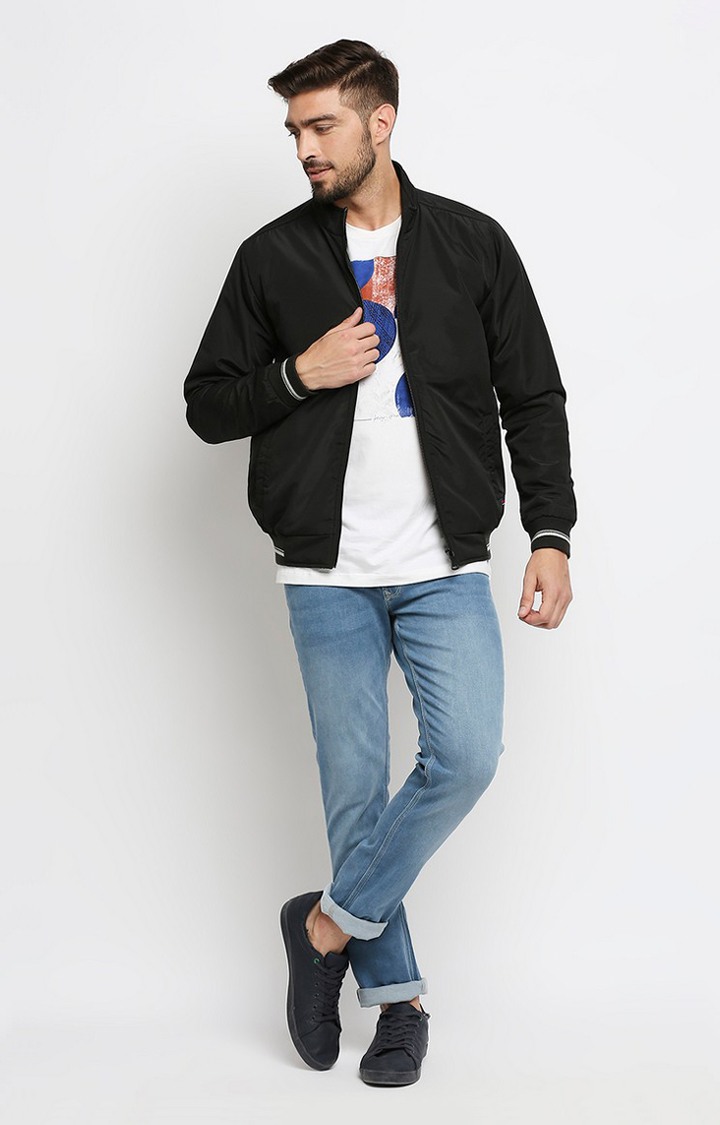Spykar Black Polyester Regular Fit Bomber Jackets For Men