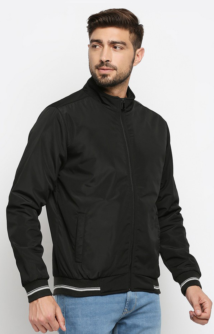 Spykar Black Polyester Regular Fit Bomber Jackets For Men