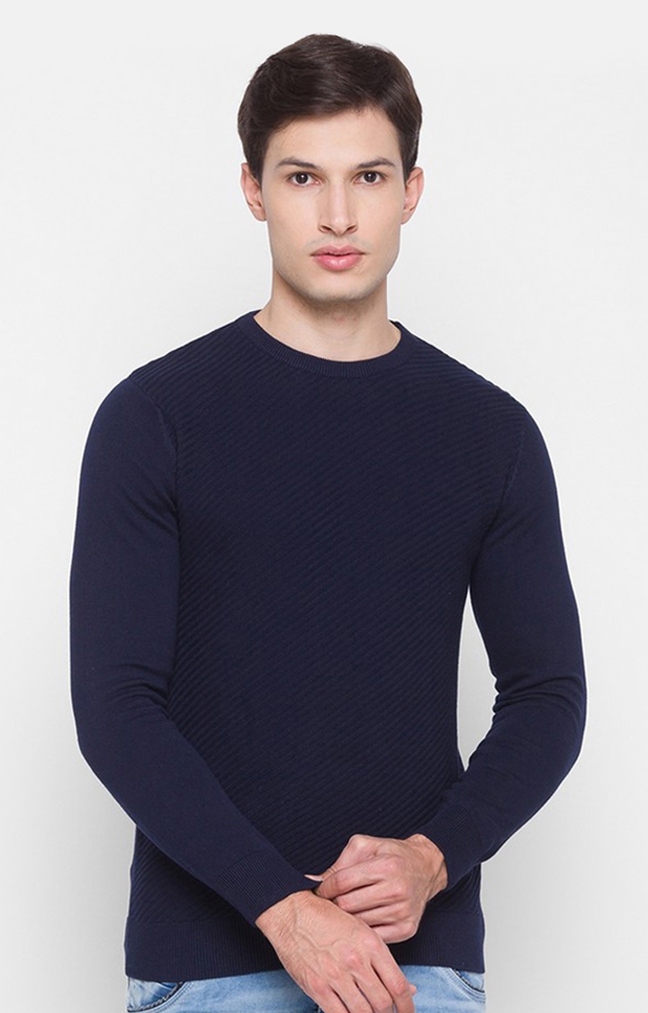 Spykar | Spykar Blue Cotton Regular Fit Sweater For Men 0