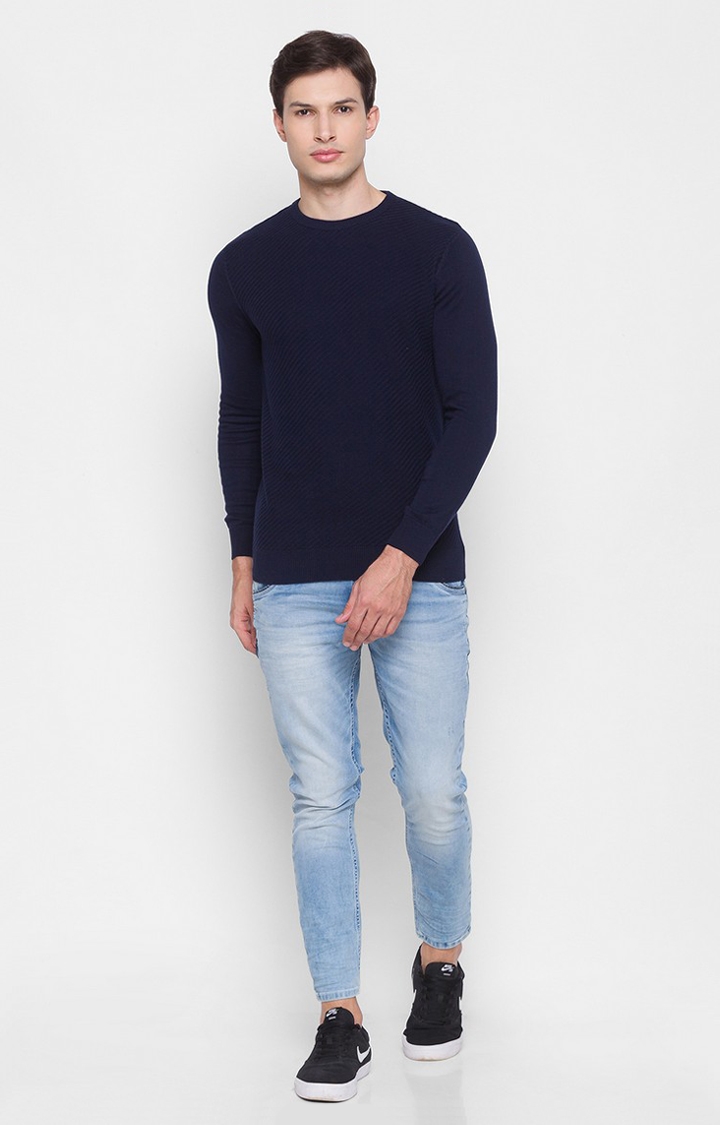 Spykar | Spykar Blue Cotton Regular Fit Sweater For Men 1