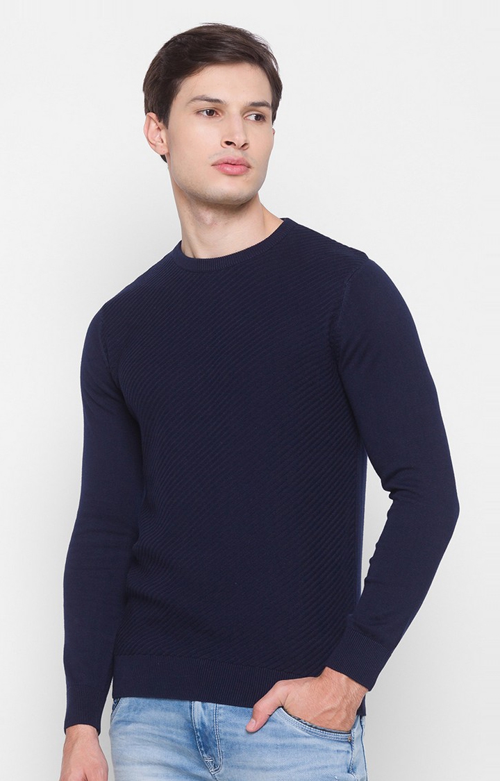 Spykar | Spykar Blue Cotton Regular Fit Sweater For Men 2