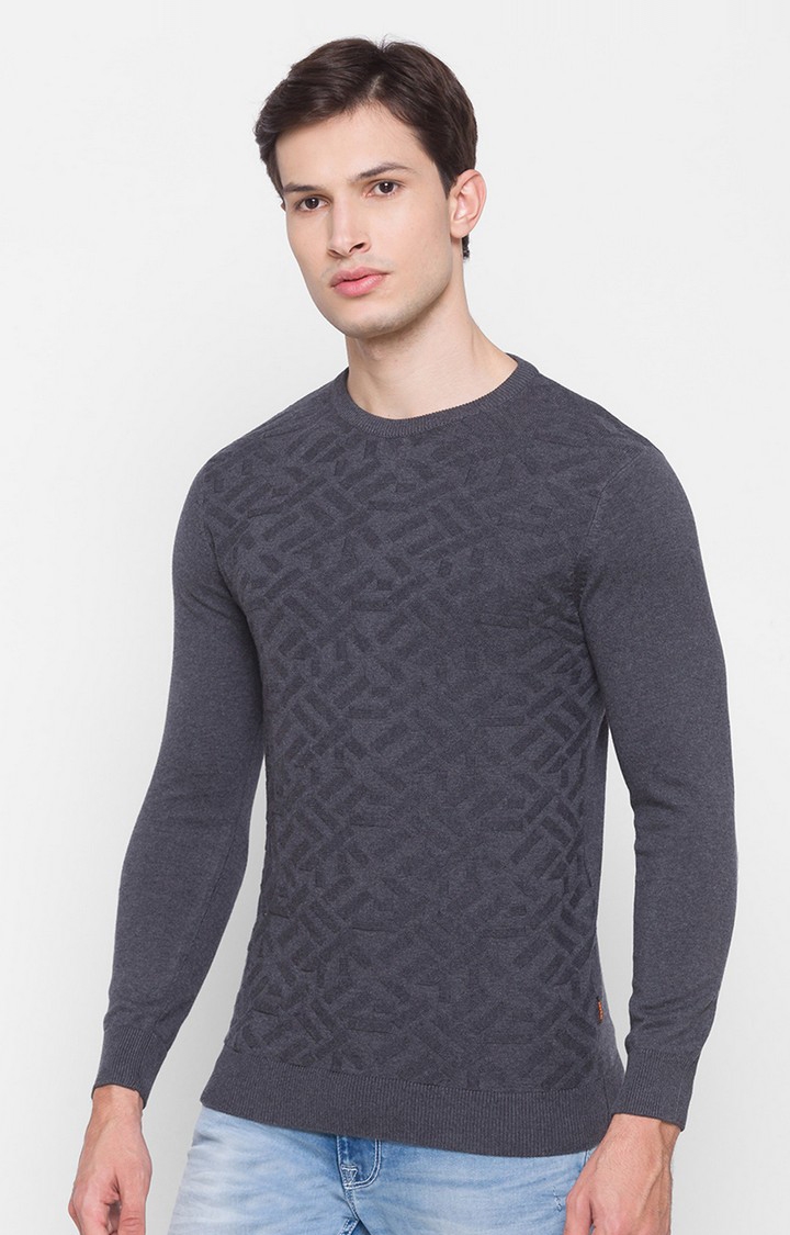 Spykar | Spykar Grey Cotton Regular Fit Sweater For Men 2