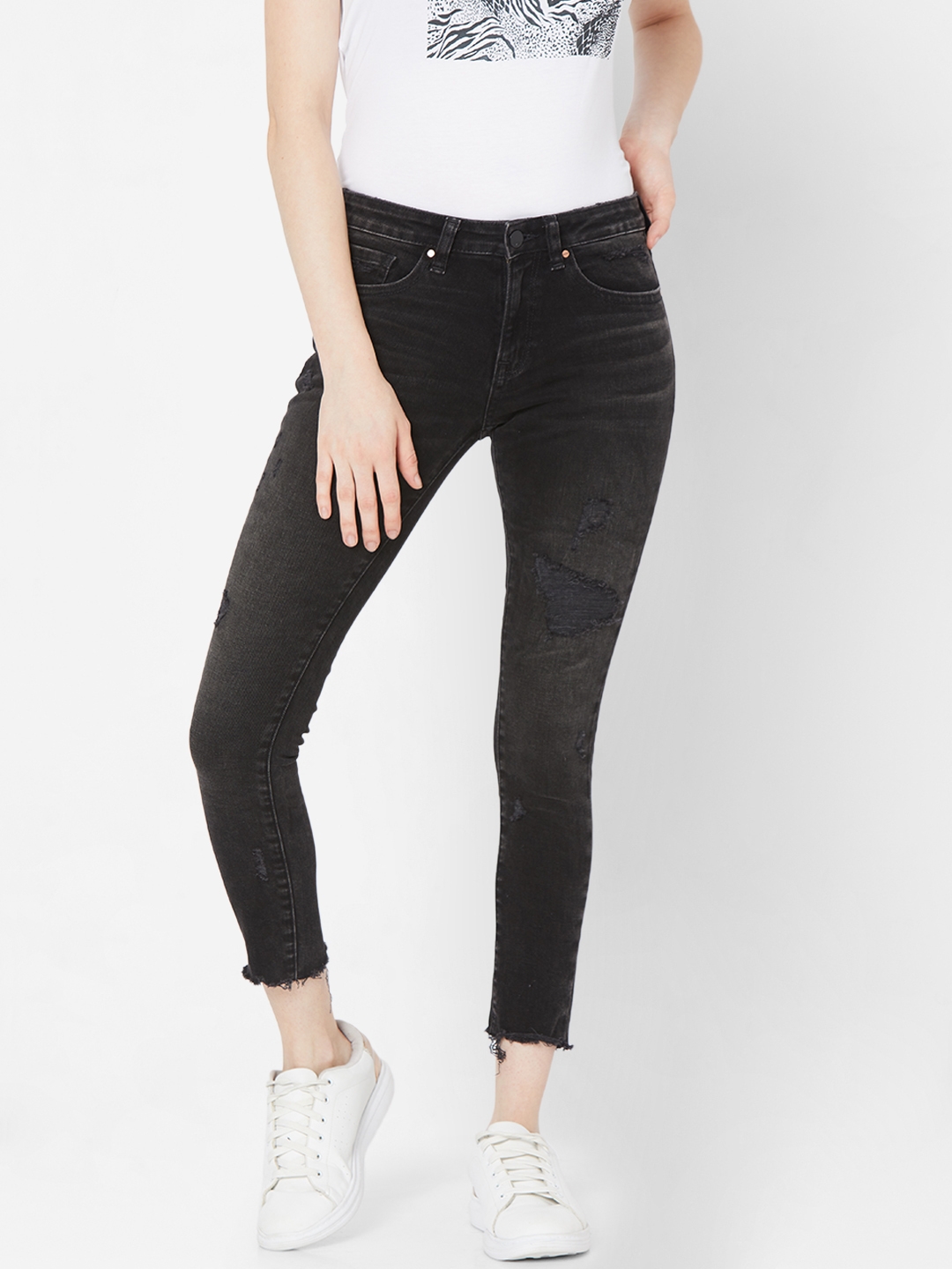 spykar | Women's Black Lycra Solid Ripped Jeans 0