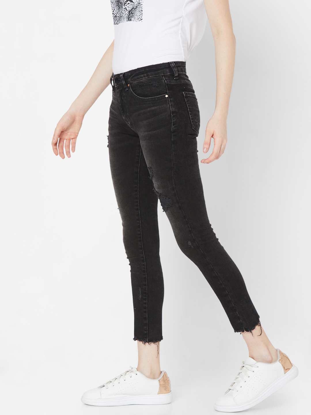 spykar | Women's Black Lycra Solid Ripped Jeans 1