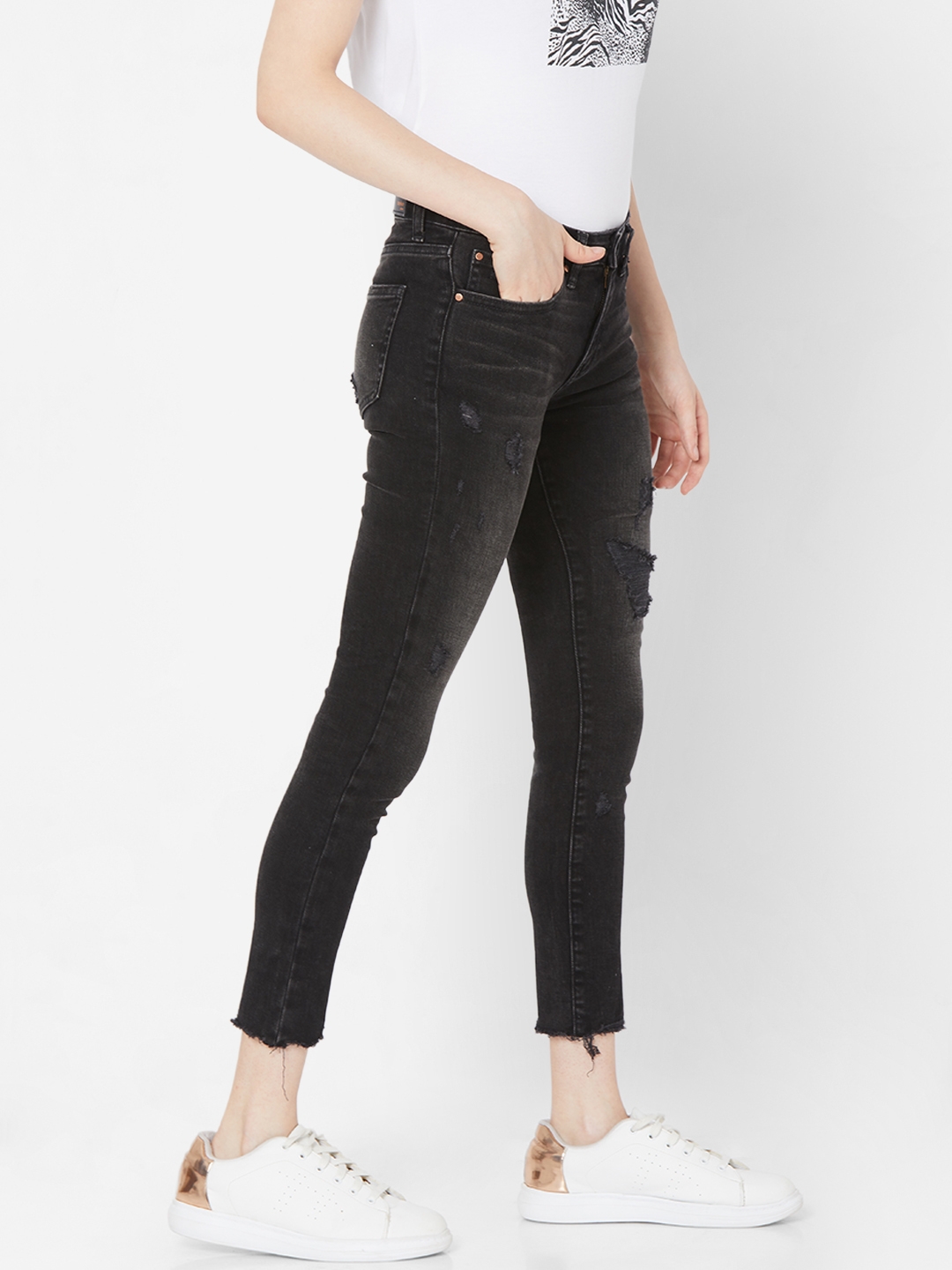 spykar | Women's Black Lycra Solid Ripped Jeans 2