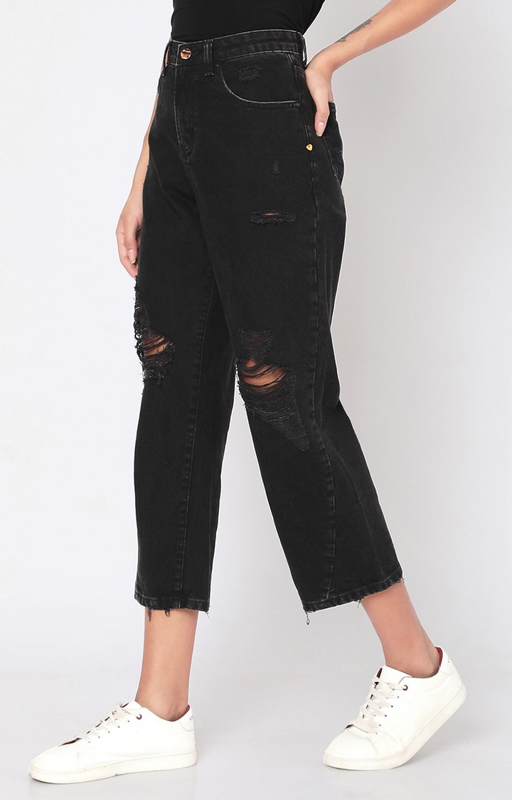 spykar | Women's Black Cotton Solid Ripped Jeans 2