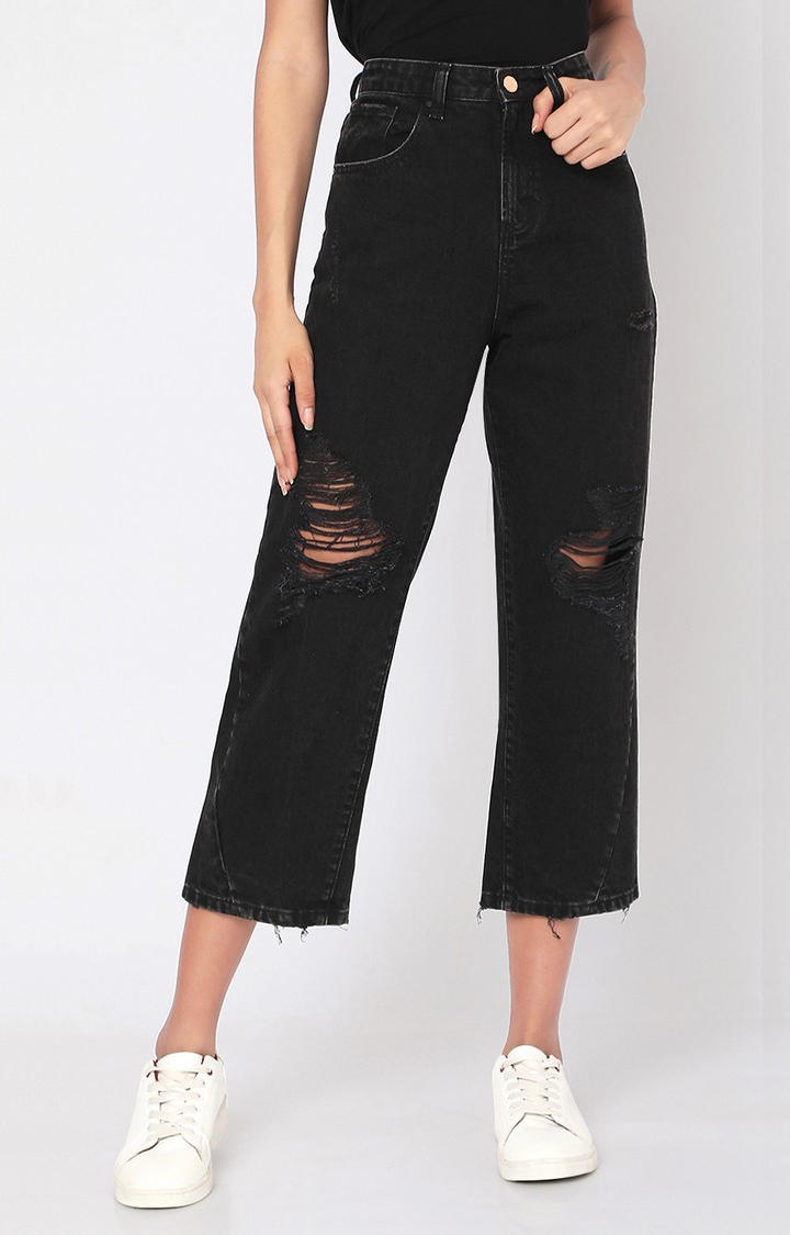 spykar | Women's Black Cotton Solid Ripped Jeans 0