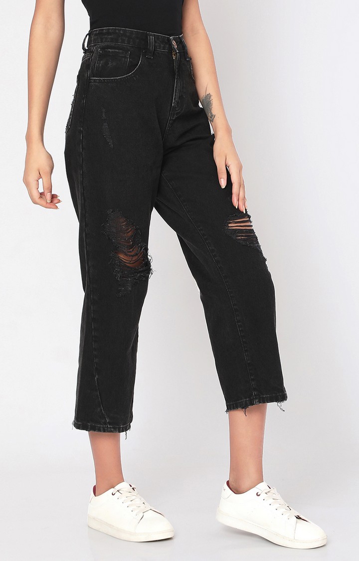 spykar | Women's Black Cotton Solid Ripped Jeans 3