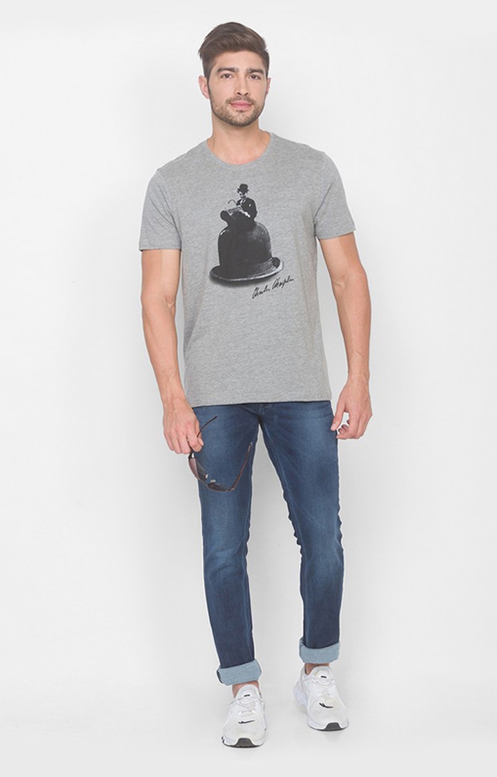 spykar | Charlie Chaplin By Spykar Grey Cotton Slim Fit T-Shirt For Men 1