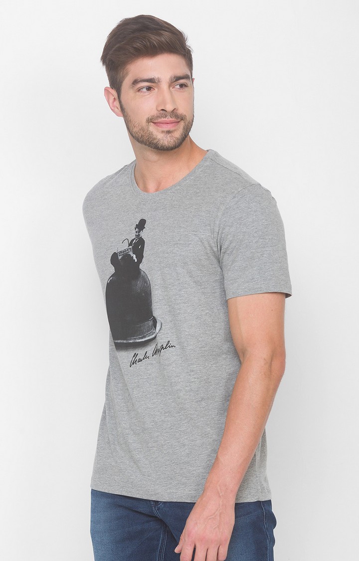 spykar | Charlie Chaplin By Spykar Grey Cotton Slim Fit T-Shirt For Men 2