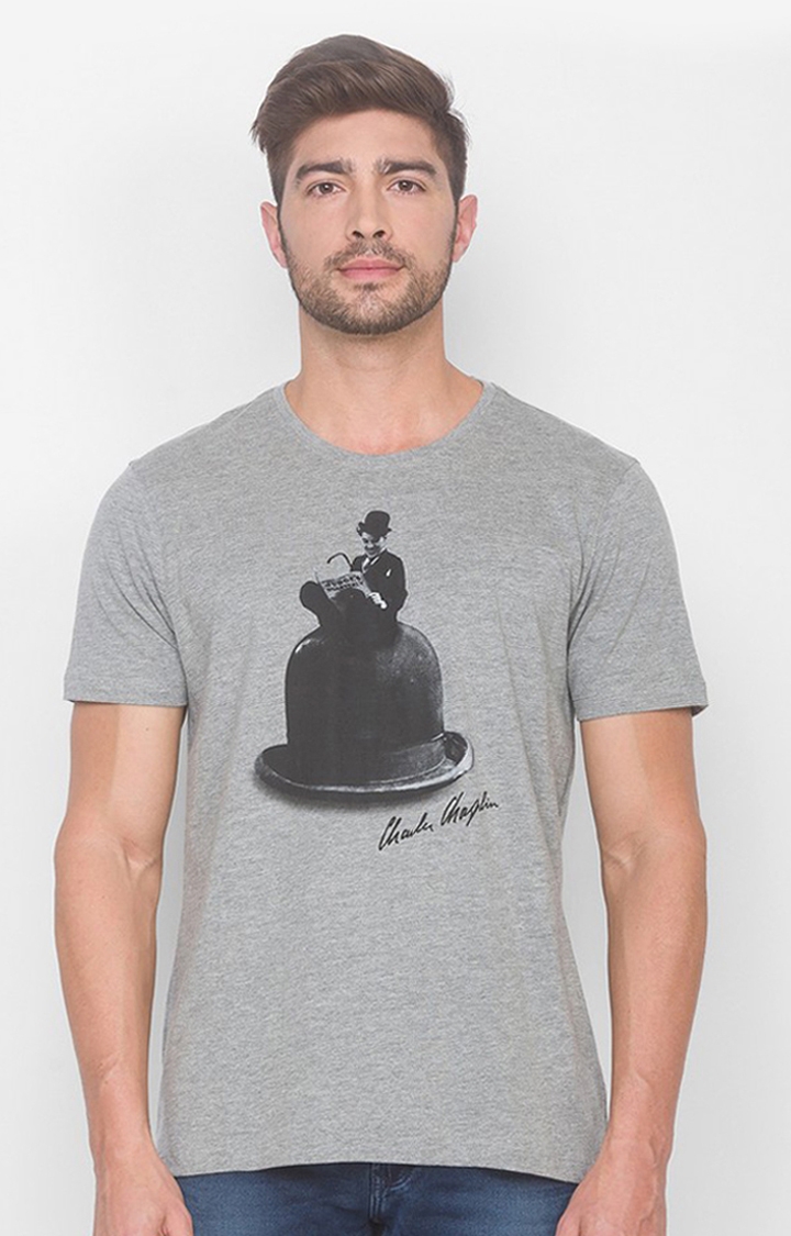 spykar | Charlie Chaplin By Spykar Grey Cotton Slim Fit T-Shirt For Men 0