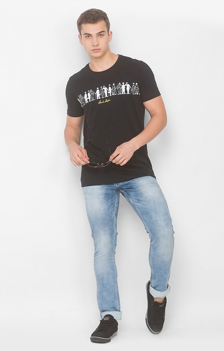 Charlie Chaplin By Spykar Black Cotton Slim Fit T-Shirt For Men
