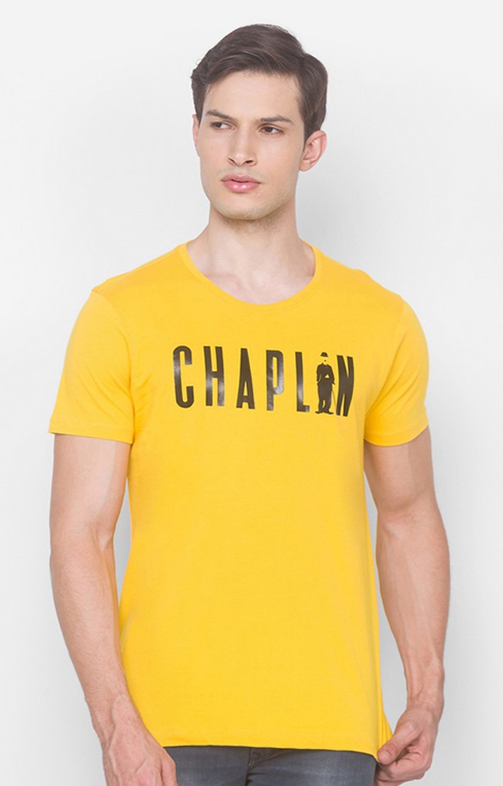 Spykar | Charlie Chaplin By Spykar Yellow Cotton Slim Fit T-Shirt For Men 0