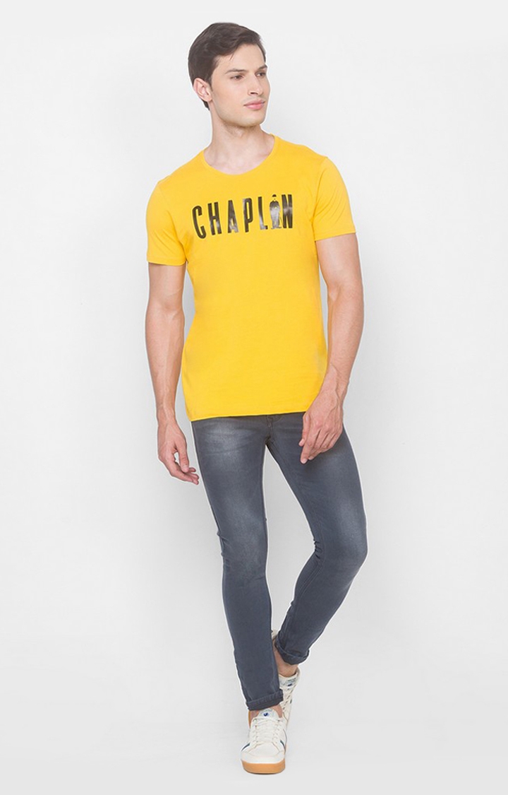 Spykar | Charlie Chaplin By Spykar Yellow Cotton Slim Fit T-Shirt For Men 1