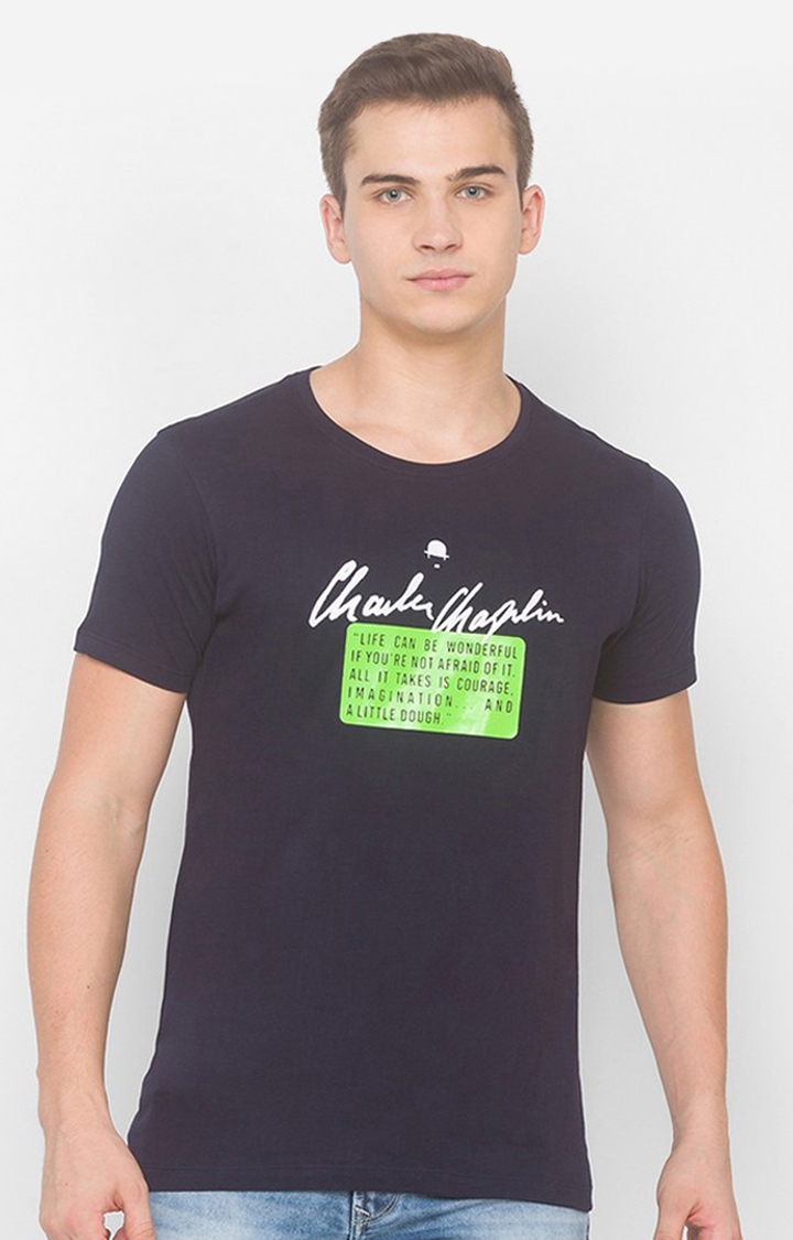 spykar | Charlie Chaplin By Spykar Blue Cotton Slim Fit T-Shirt For Men 0