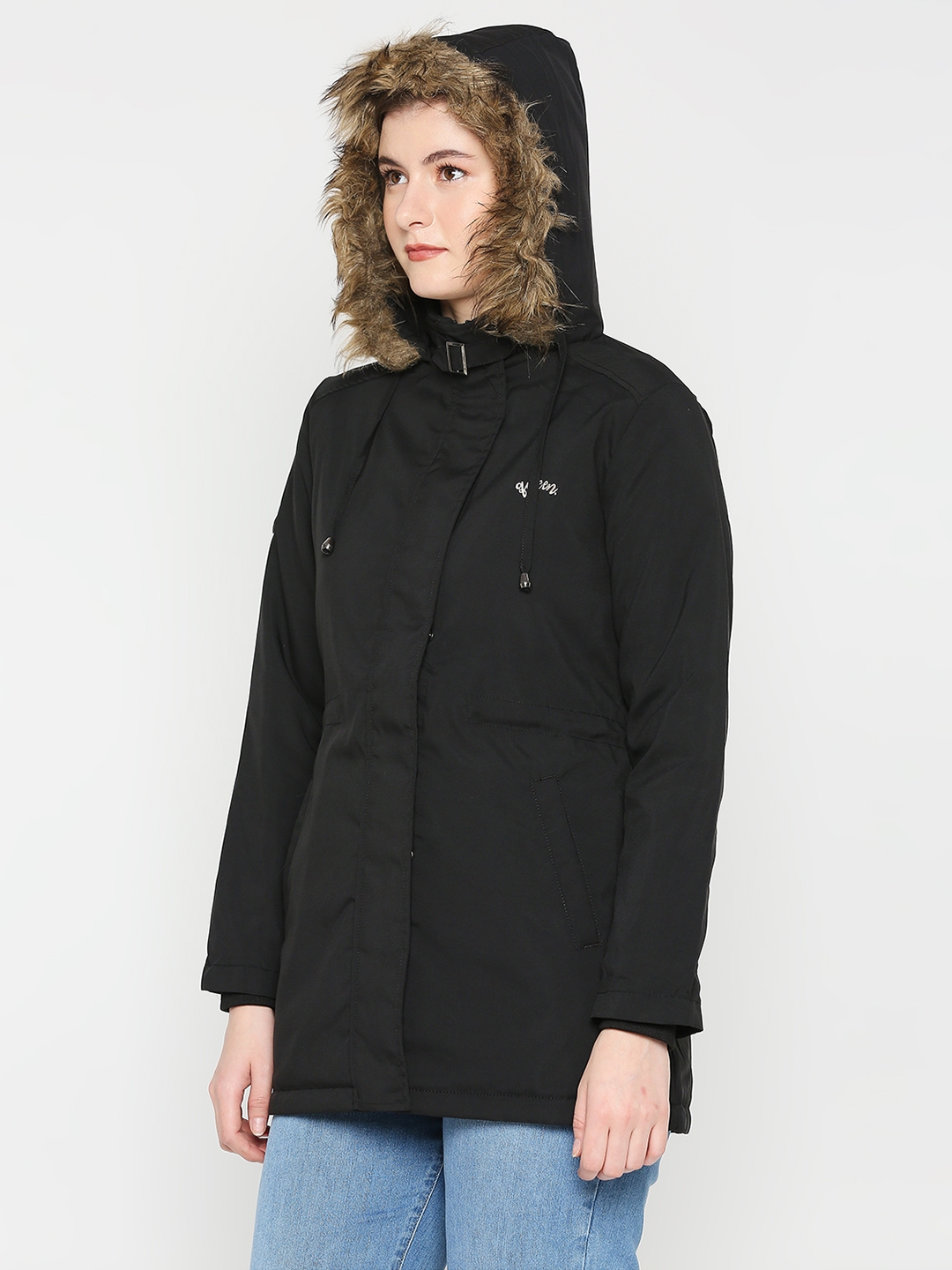 spykar | Spykar Women Black Nylon Slim Fit Hooded Jacket 1
