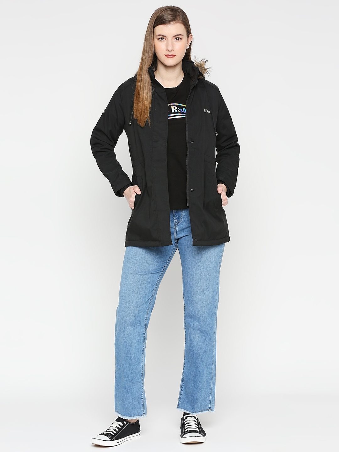 spykar | Spykar Women Black Nylon Slim Fit Hooded Jacket 5
