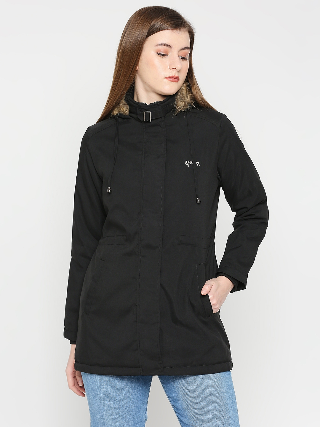 spykar | Spykar Women Black Nylon Slim Fit Hooded Jacket 0