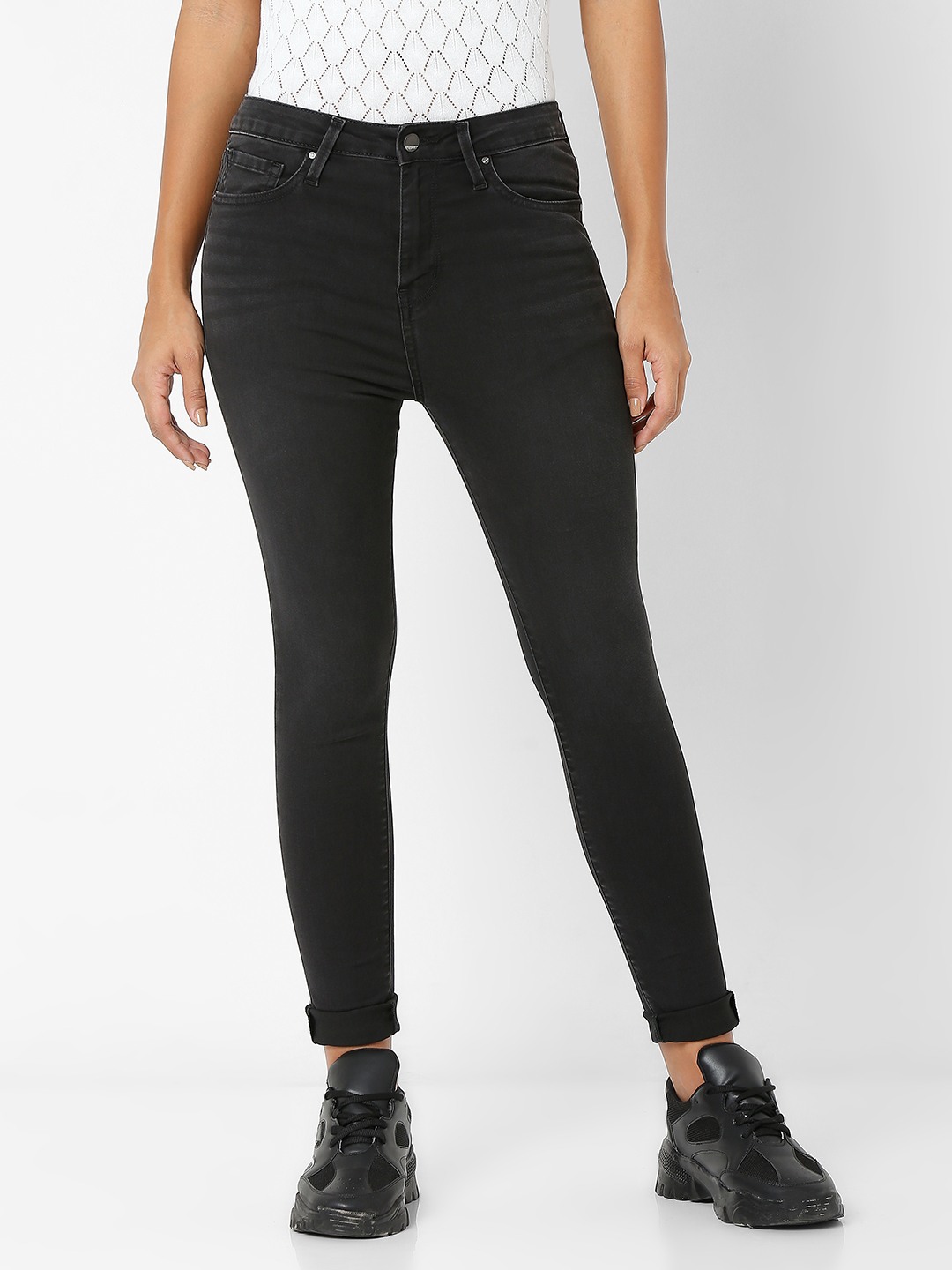 Women's Black Cotton Solid Skinny Jeans