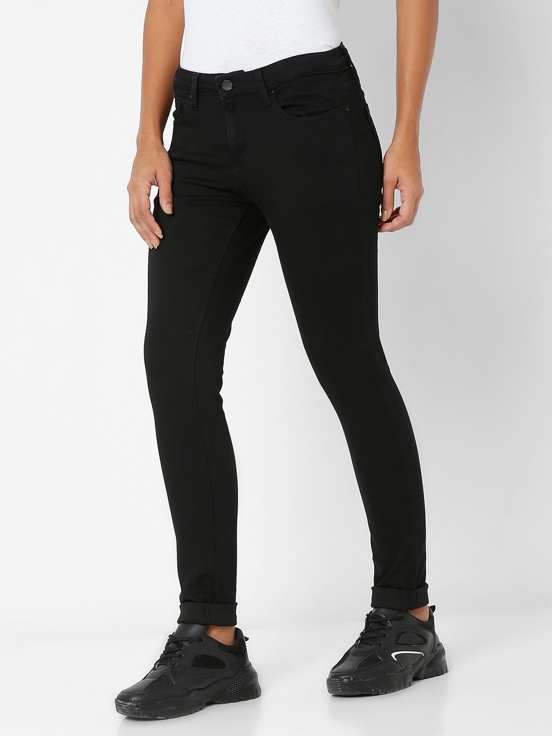 Women's Black Cotton Solid Skinny Jeans
