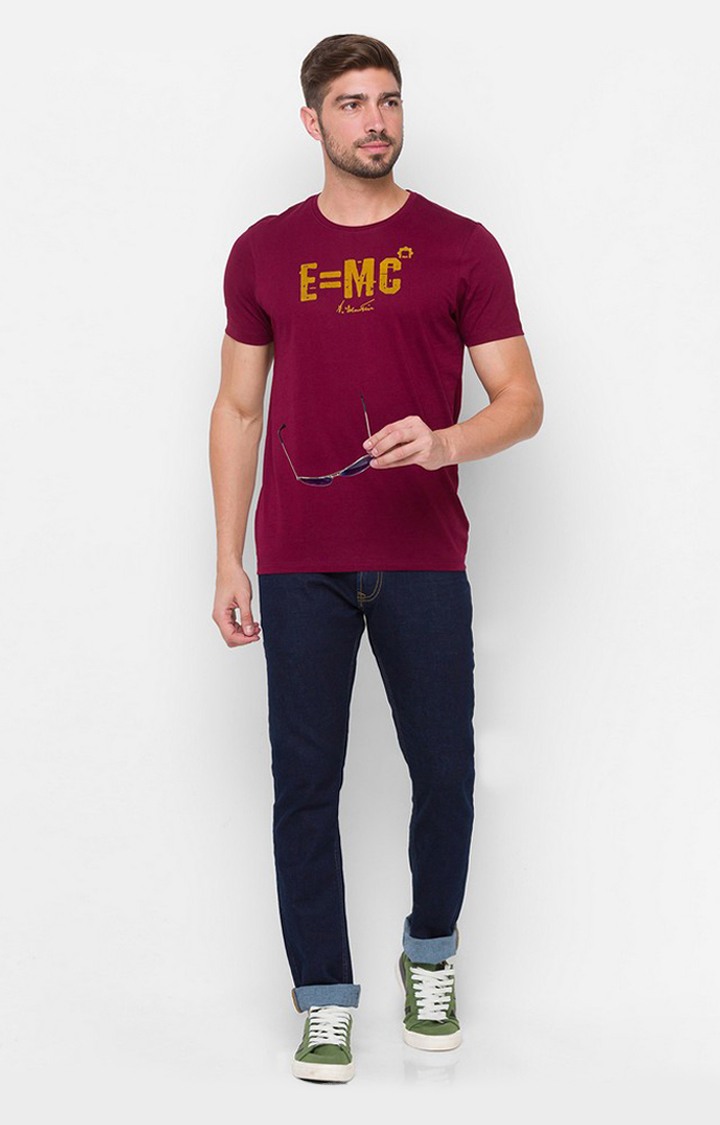 Albert Einstein By Spykar Red Cotton Slim Fit T-Shirt For Men