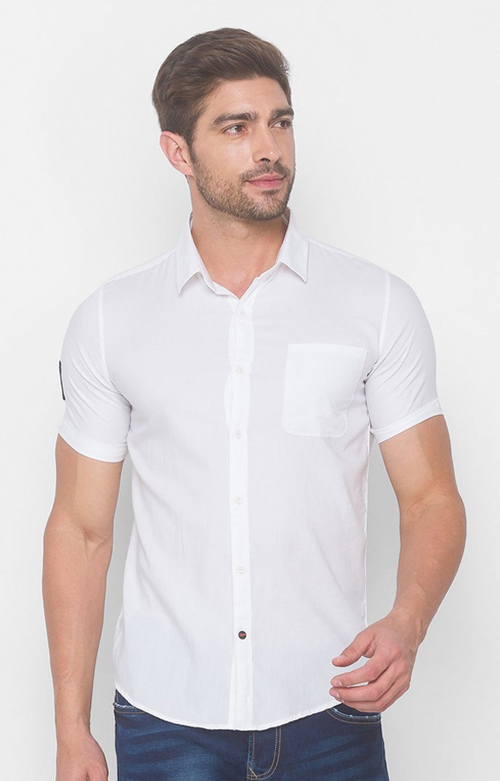 spykar | Men's White Cotton Solid Casual Shirts 0