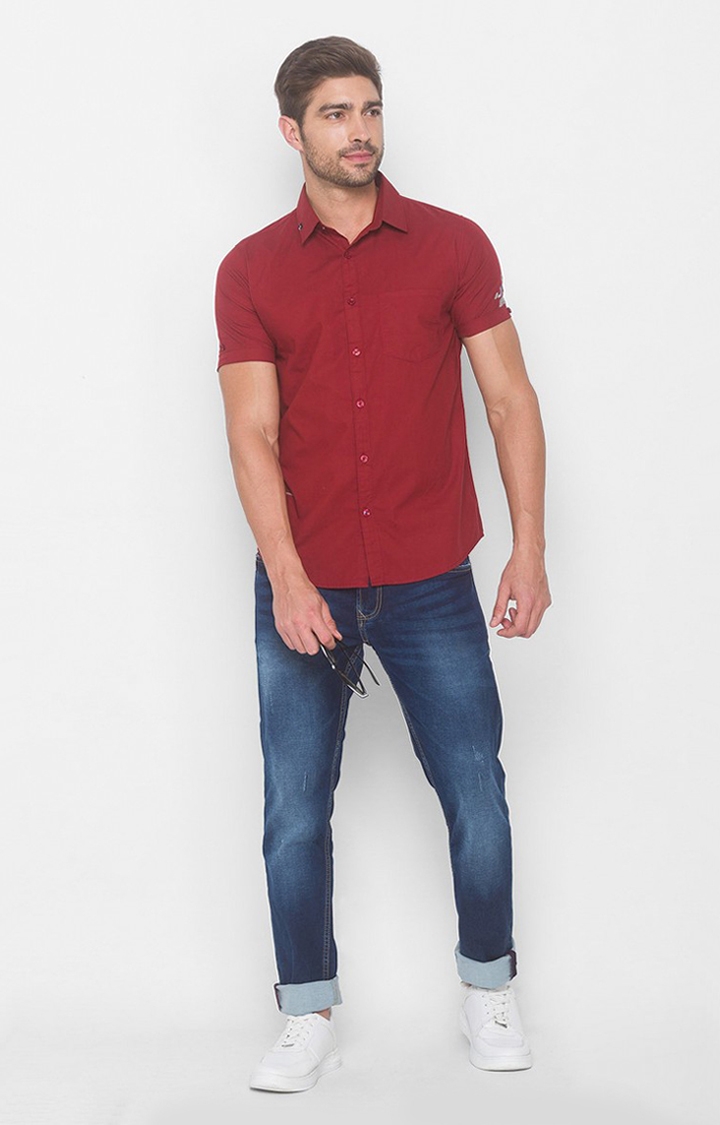 Spykar | Men's Red Cotton Solid Casual Shirts 1
