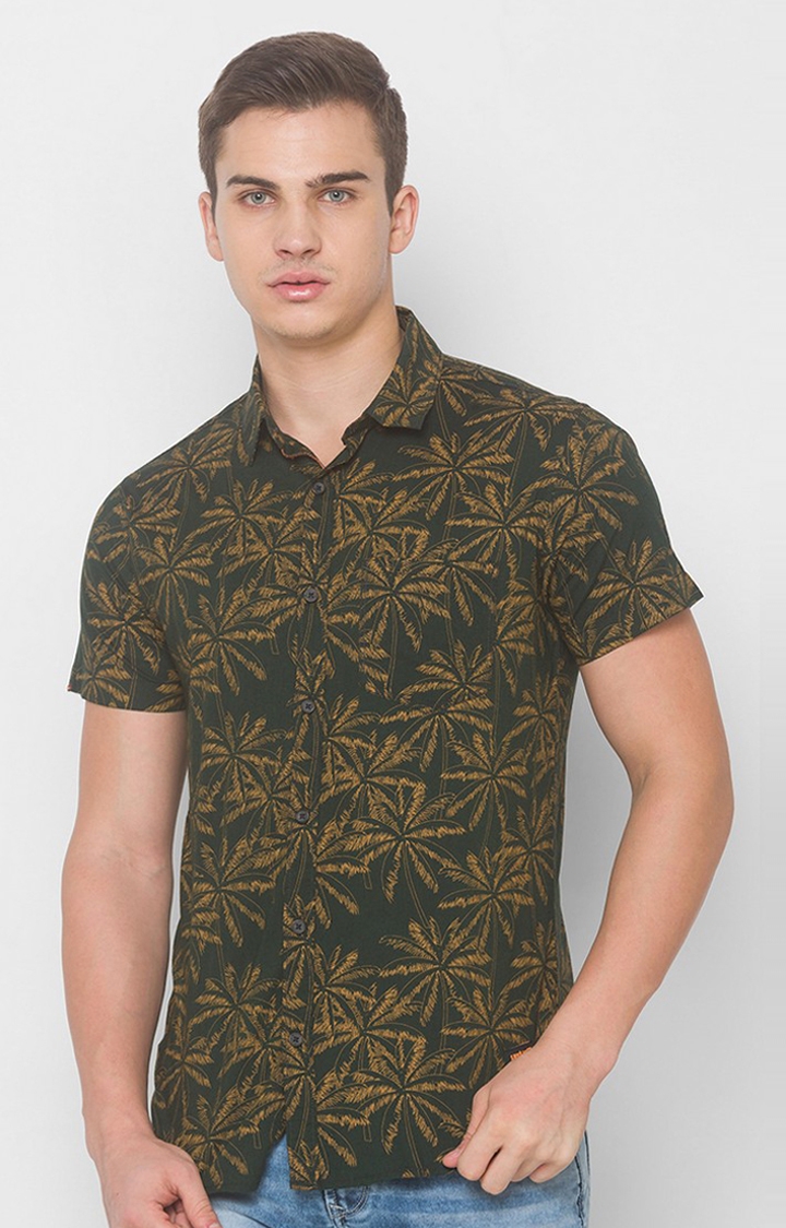 spykar | Men's Green Cotton Printed Casual Shirts 0