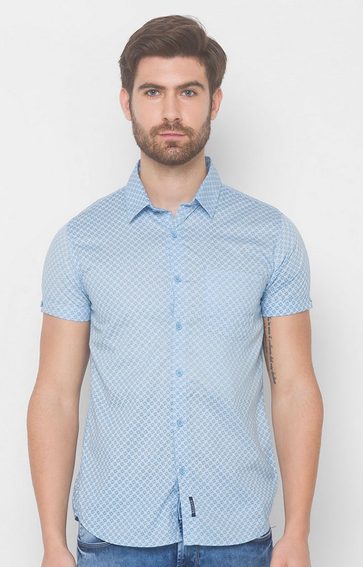 Spykar | Men's Blue Cotton Printed Casual Shirts 0