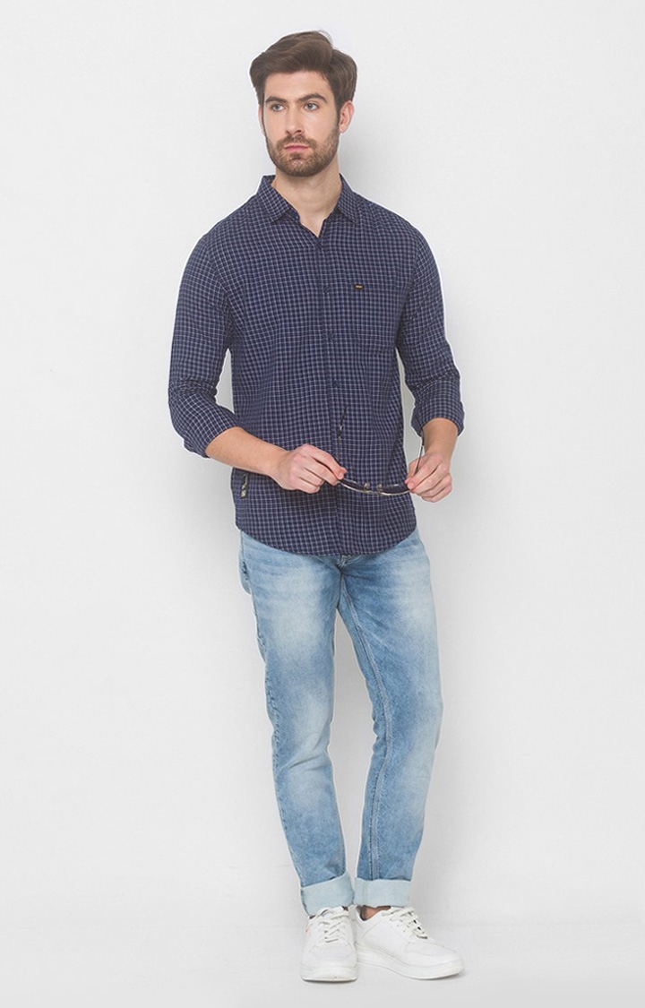 spykar | Men's Blue Cotton Checked Casual Shirts 1