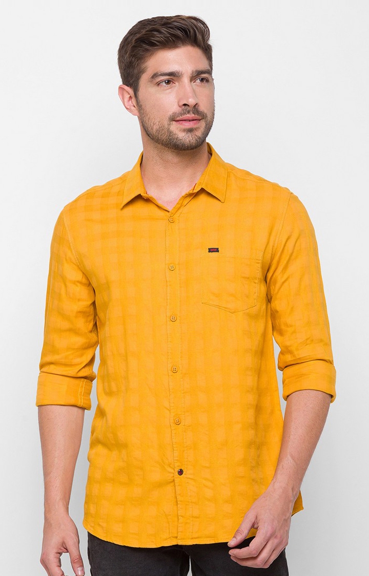 spykar | Men's Yellow Cotton Checked Casual Shirts 0