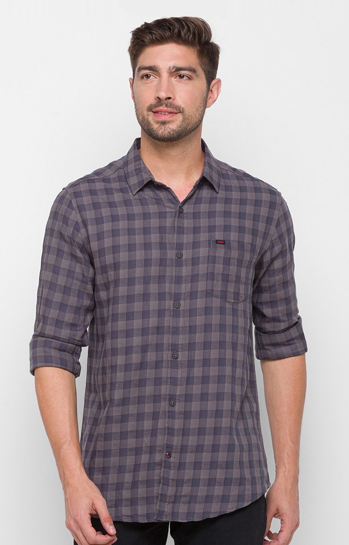 spykar | Men's Grey Cotton Checked Casual Shirts 0