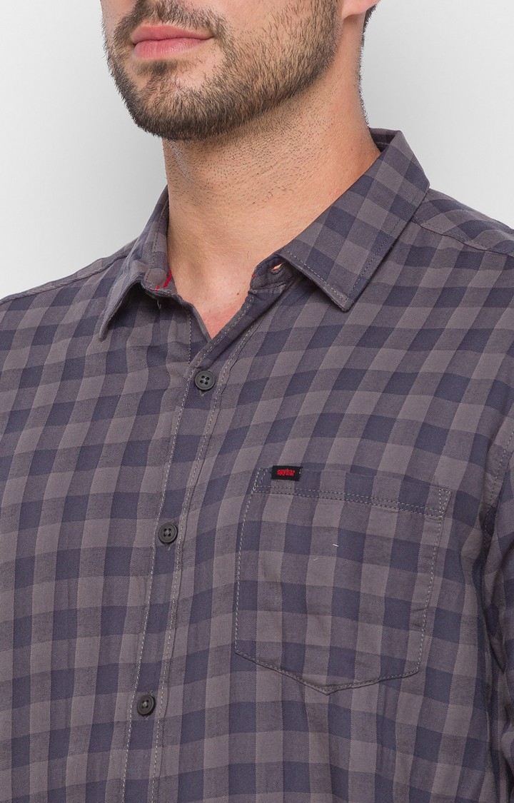 spykar | Men's Grey Cotton Checked Casual Shirts 4