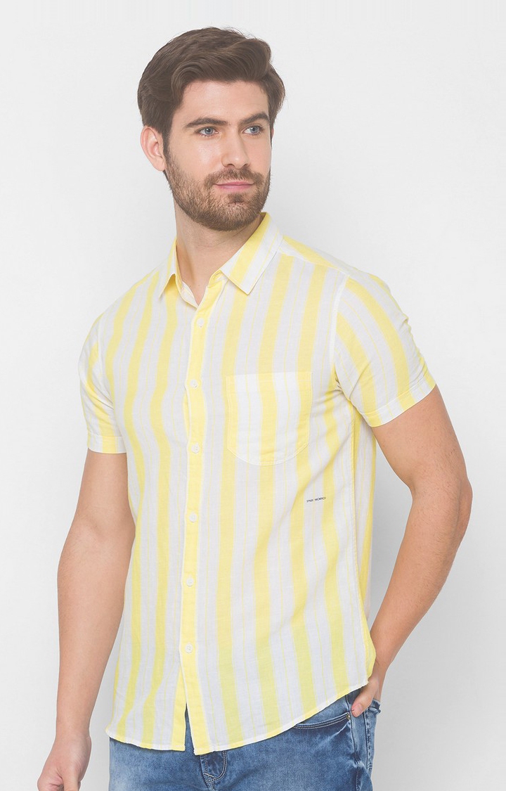 spykar | Men's Yellow Cotton Striped Casual Shirts 2