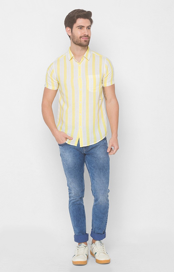 spykar | Men's Yellow Cotton Striped Casual Shirts 1