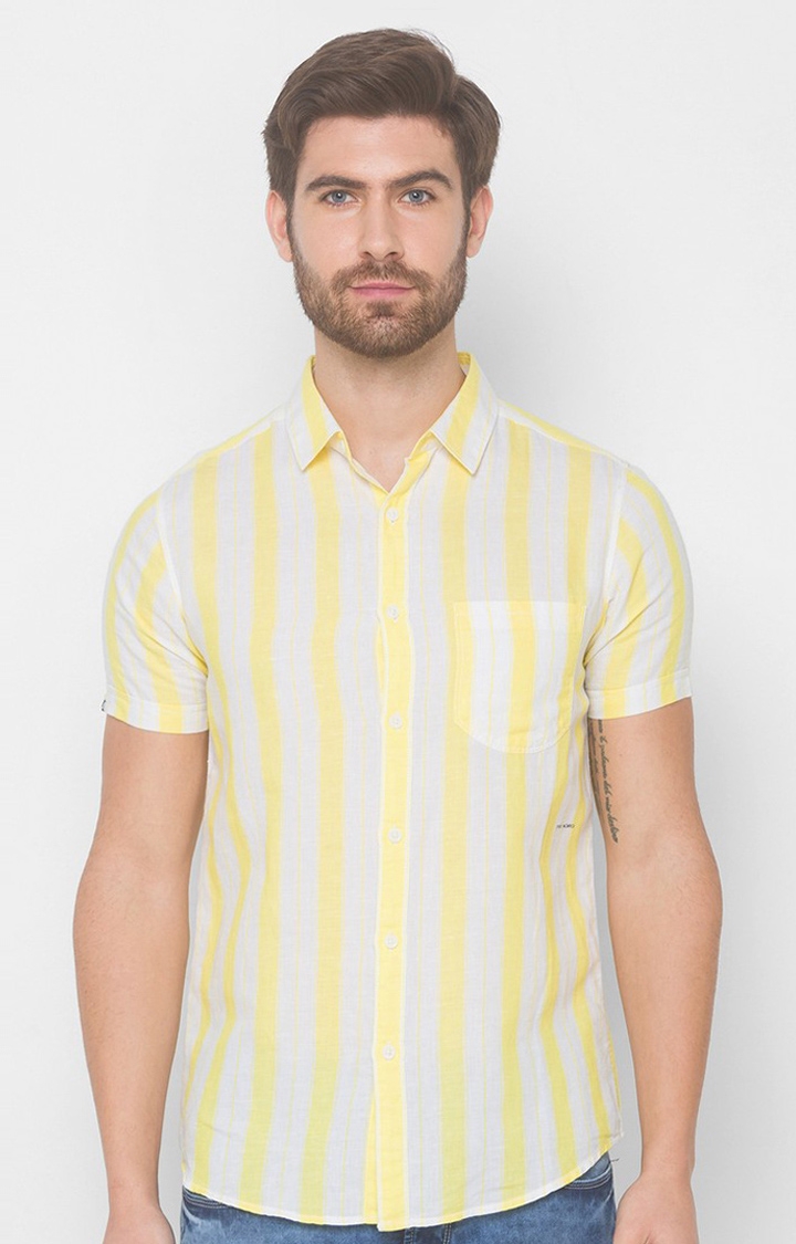 spykar | Men's Yellow Cotton Striped Casual Shirts 0